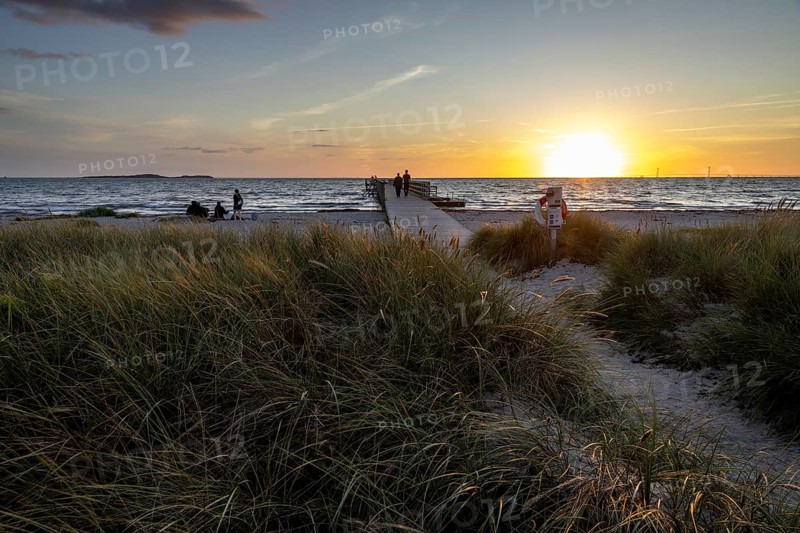 Beach with walkers, long pier jutting into the sea, sunny evening mood, Kobaek Strand, Sjaelland, Denmark