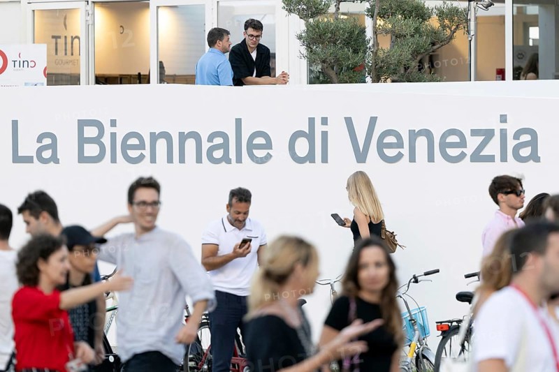 Venice, Italy - 1 September 2025: La Biennale di Venezia - Logo in front of the Palazzo del Cinema during the red carpet of - The Smashing Machine - during the 82nd Venice International Film Festival