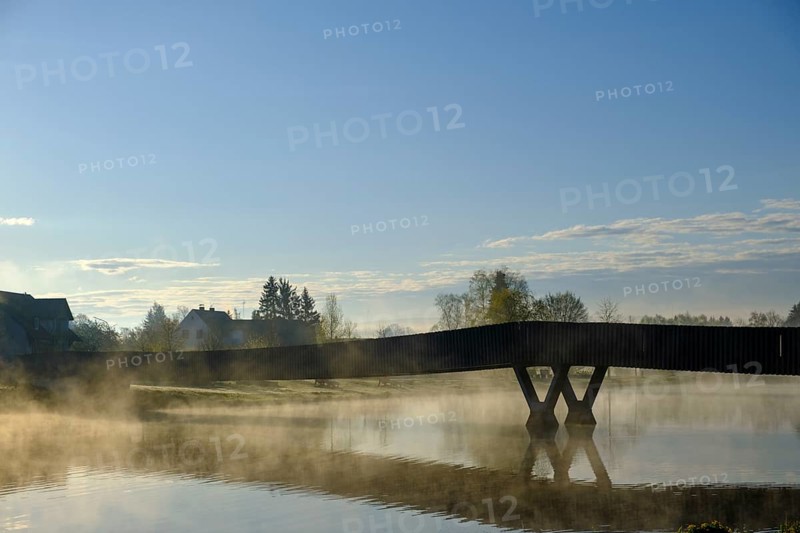 Morning atmosphere, fog at the Fischhof, Fischhofpark, Tirschenreuth, Upper Palatinate, Bavaria, Germany
