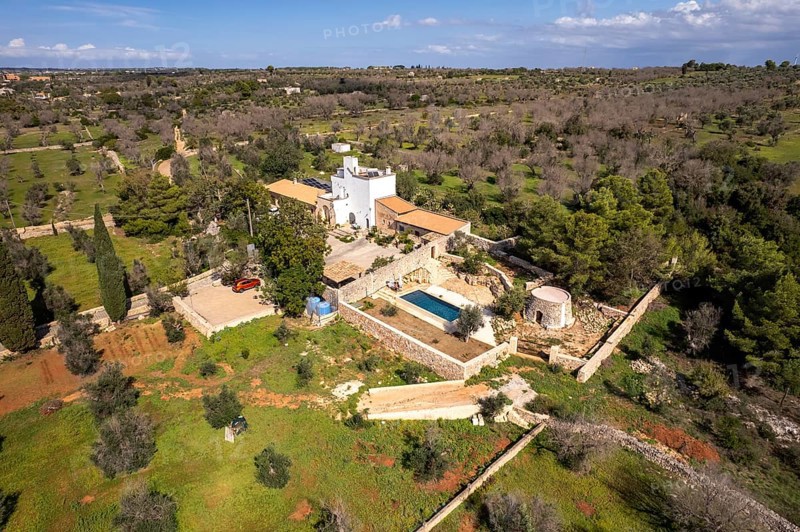 The typical farm Masseria Bianca in Taurisano seen from above, Apulia, Italy