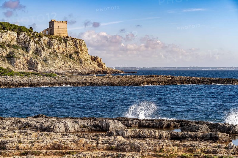 The Torre dell'Alto watchtower on the coast of the Porto Selvaggio nature reserve, Santa Caterina, Nardo, Apulia, Italy