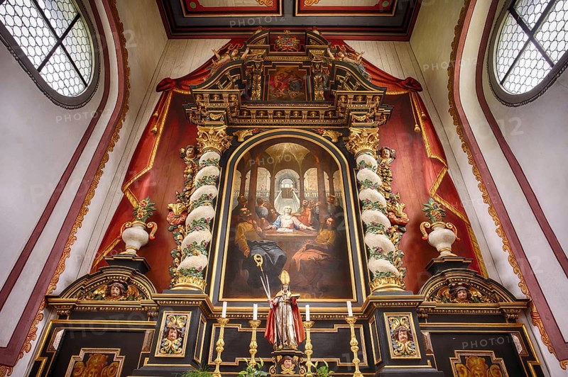 Interior view of the altar, St. Blasius Chapel, Burgrain near Willisau, Canton Lucerne, Switzerland