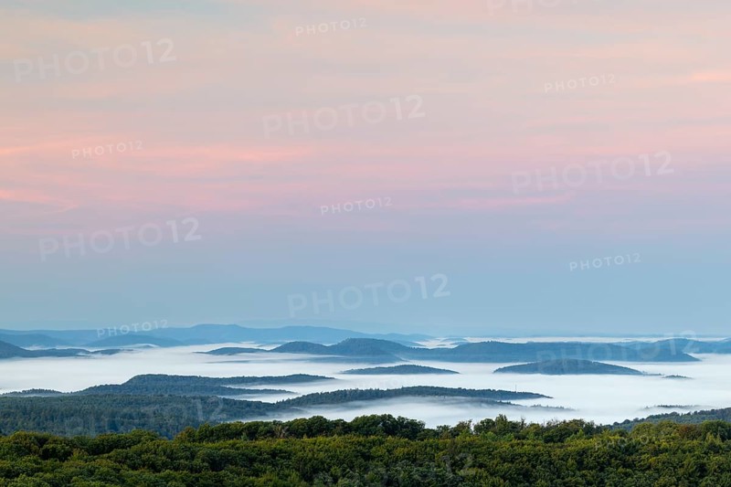 View over the Palatinate Forest, mixed forest, dawn, fog, Luipoldsturm, Hermansbergdorf, Pfläzerwald, Rhineland-Palatinate, Germany