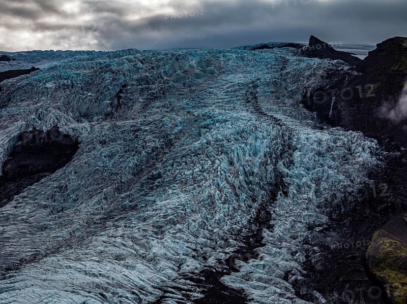 Glacier, glacier tongue, mountains, cloudy, summer, aerial view, Fjalljökull, Skaftafell, Iceland