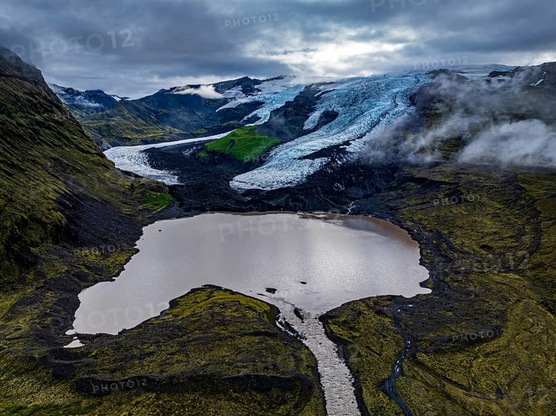Glacier, glacier tongue, lake, mountains, cloudy, summer, aerial view, Fjalljökull, Skaftafell, Iceland