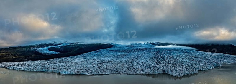 Glacier, glacier tongue, summer, panorama, evening mood, clouds, aerial view, Fjallsjökull, Vatnajökull National Park, Iceland
