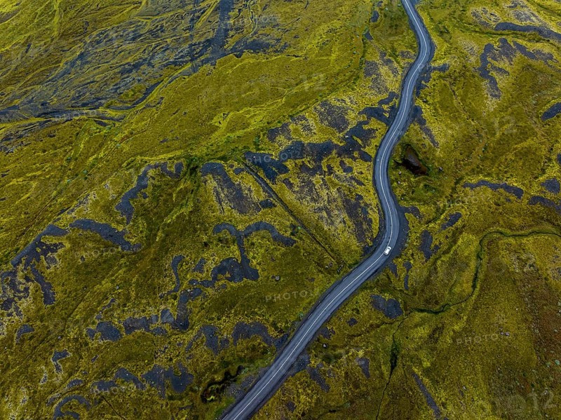 Road, curvy, car, cloudy, rainy, summer, aerial view, South Iceland, Iceland