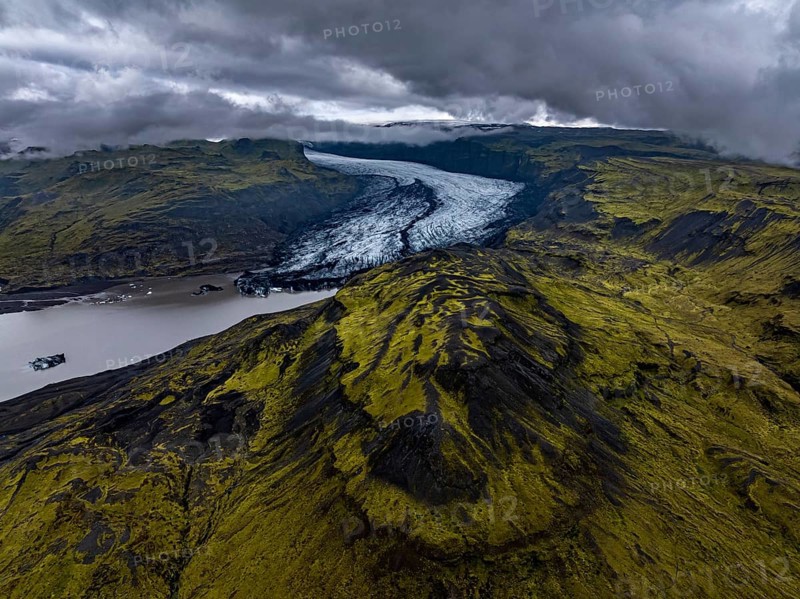 Glacier, glacier tongue, lake, mountains, cloudy, rainy, summer, aerial view, Myrdalsjökull, Iceland