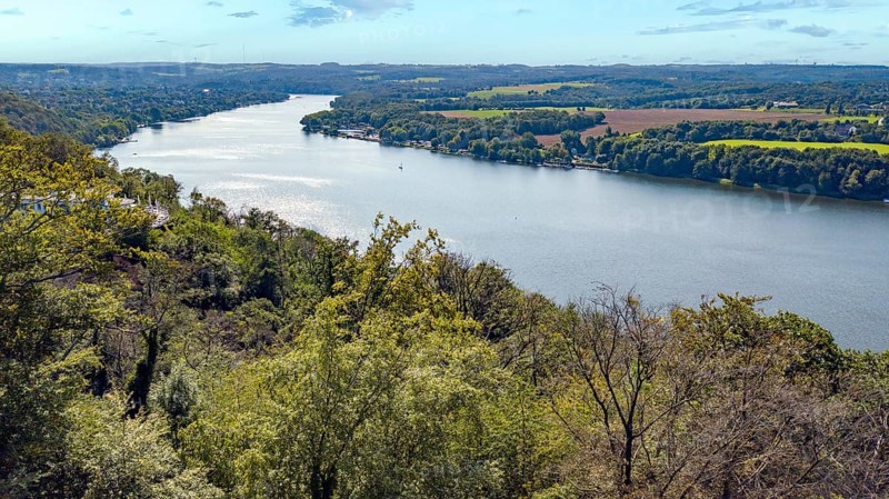 Bird's eye view of Lake Baldeney and Schellenberger Wald mixed forest in front, Essen, North Rhine-Westphalia, Germany