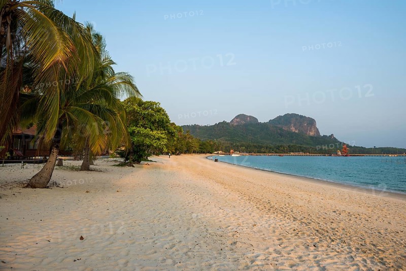 White sandy beach and coconut palms, sunset, Pearl Beach, Koh Mook, Trang Province, Southern Thailand, Andaman Sea, Thailand