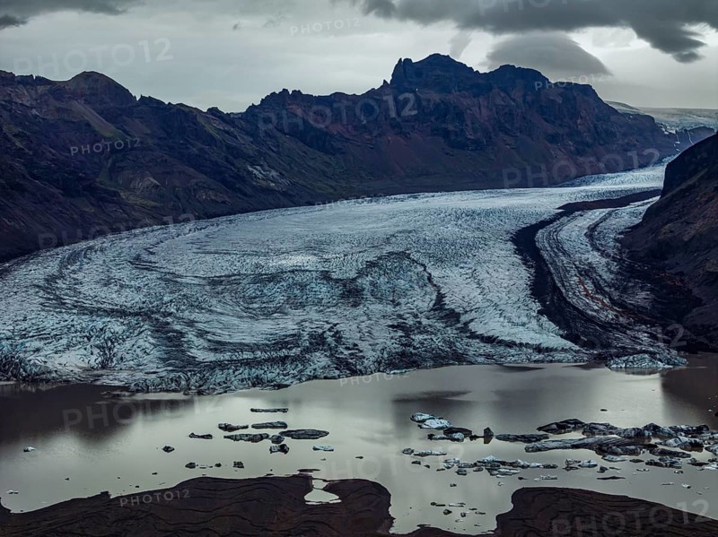 Glacier, glacier tongue, glacier lake, mountains, cloudy, aerial view, panorama, summer, Skaftafellsjökull, Skaftafell, Iceland