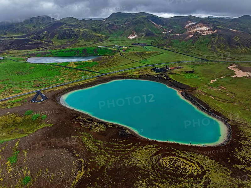 Lake, crater lake, mountains, cloudy, turquoise, volcanic landscape, hot springs, aerial view, summer, Graenavatn, Krysuvik, Reykjanes, Iceland