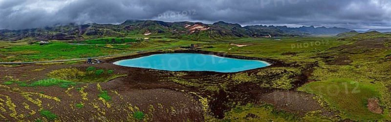 Lake, crater lake, mountains, cloudy, turquoise, volcanic landscape, hot springs, panorama, aerial view, summer, Graenavatn, Krysuvik, Reykjanes, Iceland
