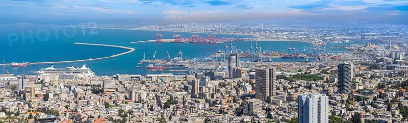 Israel, panoramic skyline view of Haifa downtown, port and historic center