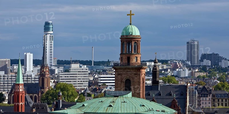 Tower of St Paul's Church, the old Protestant Church of St Nicholas, the Protestant Church of the Epiphany and the New Henninger Tower, Frankfurt am Main, Hesse, Germany