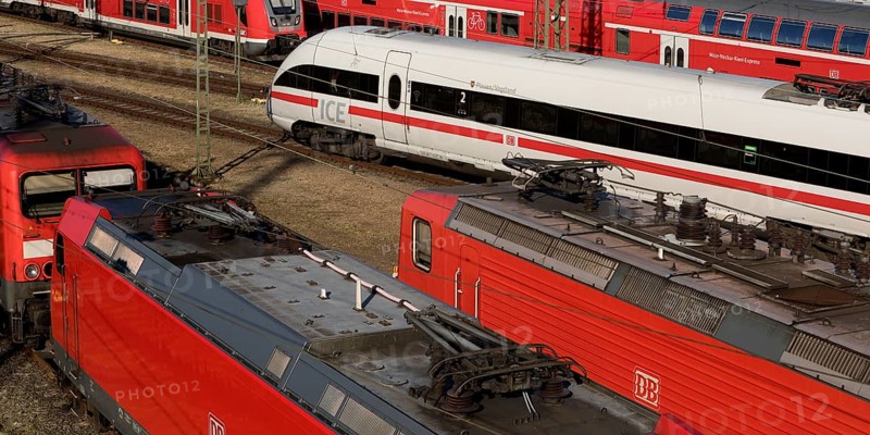 Elevated view of several local trains and an ICE train, Frankfurt am Main, Hesse, Germany
