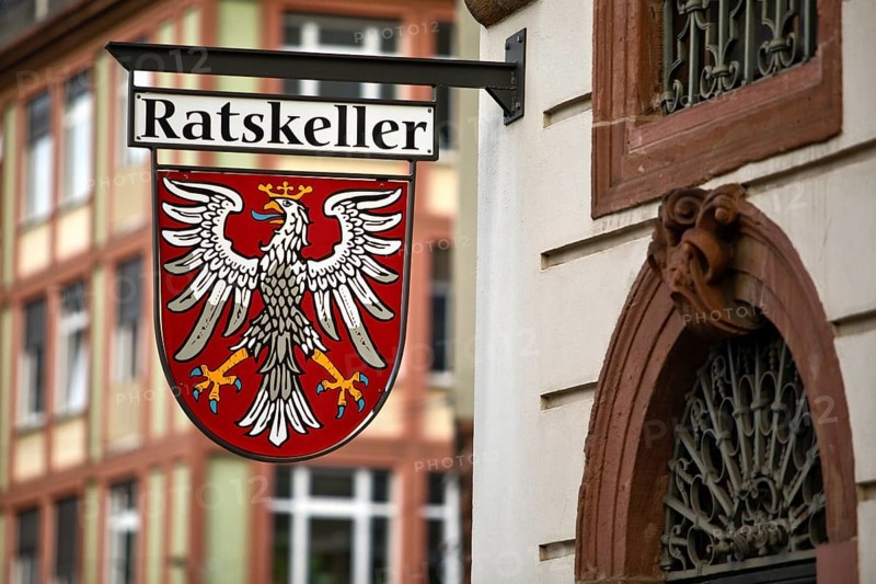 Traditional Ratskeller nose shield with the coat of arms of the city of Frankfurt am Main, Hesse, Germany
