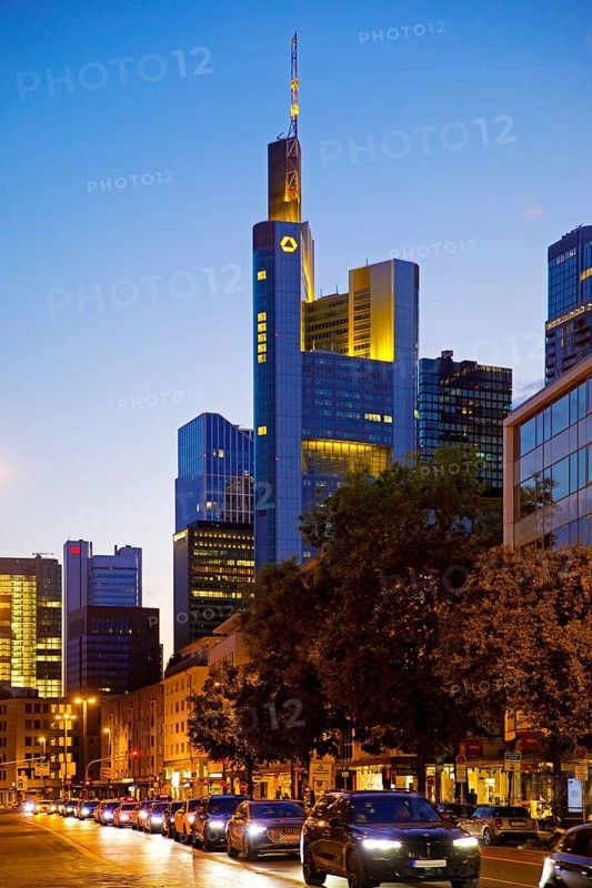Cars on Berliner Straße and Commerzbank Tower in the evening, Frankfurt am Main, Hesse, Germany