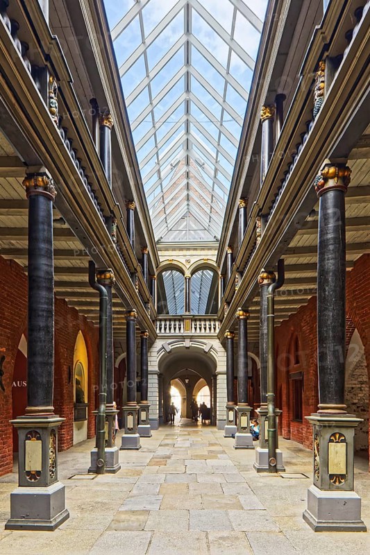 North-south passageway with columns and arcade gallery, two storeys, town hall, construction started around 1300, secular building, brick Gothic, Alter Markt, Old Town, UNESCO World Heritage Site, Hanseatic City of Stralsund, Mecklenburg-Western Pomerania, Germany