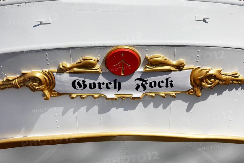 Ship name at the stern, Gorch Fock, also Gorch Fock I, built in 1933 by Blohm & Voss for the Reichsmarine, named after the writer Gorch Fock, barque, three-master, sail training ship, today museum ship, An der Fährbrücke, harbour island, old town, Hanseatic city of Stralsund, Mecklenburg-Western Pomerania, Germany