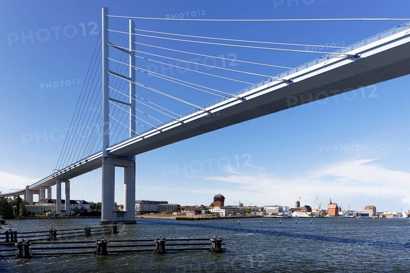 Rügen Bridge, behind Old Town Stralsund, blue sky, sea, Baltic Sea, Rügen Dam, connects the island of Rügen with the Hanseatic city of Stralsund, Mecklenburg-Western Pomerania, Germany