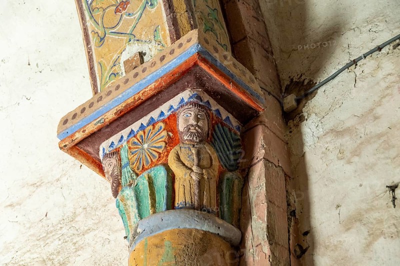 Compains, carved capital, Saint Georges church, Auvergne Volcanoes Regional Park, Cezallier region, Puy de Dome, Auvergne Rhone Alpes, France