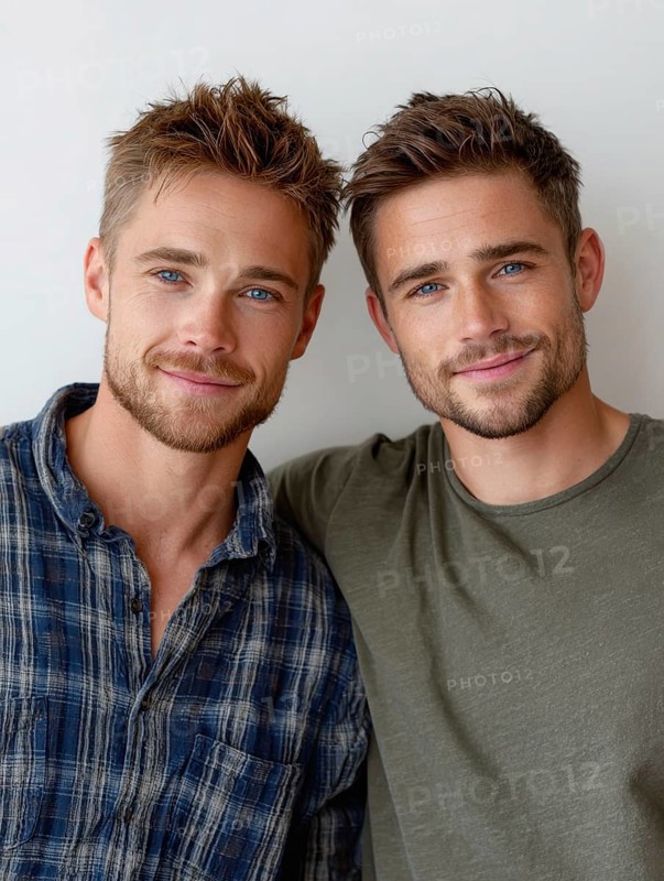 Two smiling men in casual clothes pose friendly on a wall, symbolic image for same-sex relationship, love, marriage, LGBTQ, AI generated, AI generated