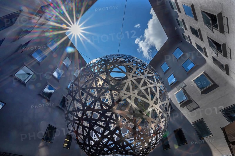 Steel sphere, Sphere, a work of art by Ólafur Eliasson, Fünf Höfe shopping arcade, Munich, Bavaria, Germany