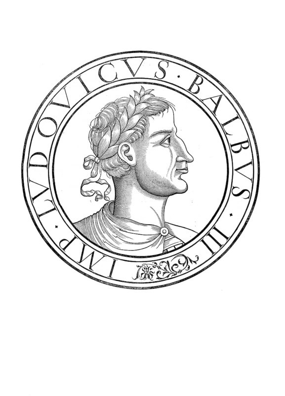 Louis II, called the Stammler, (born 1 November 846, died 10 April 879 in Compiègne), was the eldest and only surviving son of the West Frankish King Charles II the Bald and became his successor in 877, authentic, digitally restored reproduction from a 19th century original, record date not stated