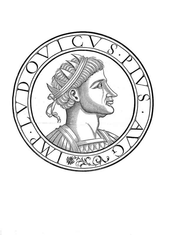 Louis I, Louis the Pious, Louis le Pieux, (born June/August 778 in Chasseneuil near Poitiers, died 20 June 840 in Ingelheim am Rhein) was King of the Frankish Empire (in Aquitaine from 781, in the Empire as a whole from 814) and Emperor (813 to 840), authentic, digitally restored reproduction from a 19th century original, record date not stated