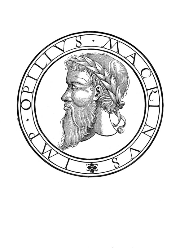 Marcus Opellius Macrinus (born 164 in Caesarea Mauretaniae, died June/July 218 in Archelaïs) was Roman emperor from 11 April 217 to 8 June 218. As emperor he called himself Marcus Opellius Severus Macrinus, authentic, digitally restored reproduction from a 19th century original, record date not stated
