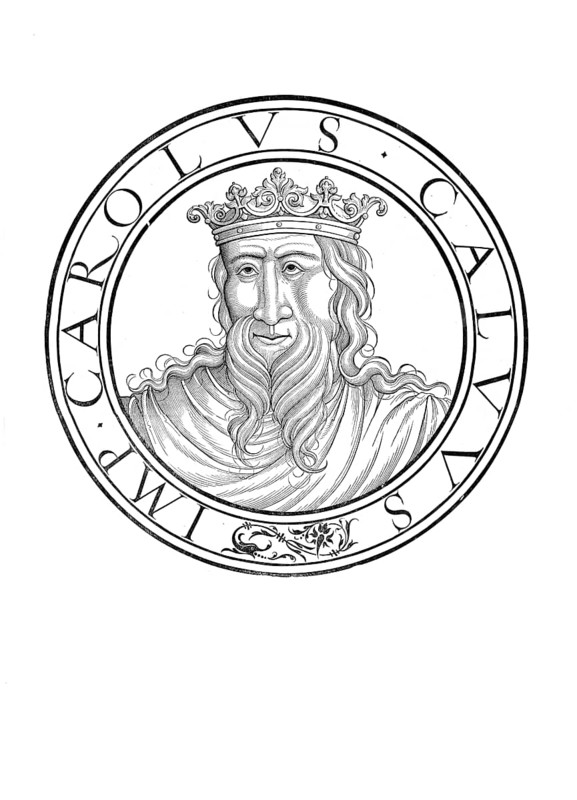 Charles II (born 13 June 823 in Frankfurt, died 6 October 877 in Avrieux near Modane), called Charles the Bald, of the Carolingian dynasty, was King of the West Franks from 843 to 877 and King of Italy and Roman Emperor from 875 to 877, authentic, digitally restored reproduction from a 19th century original, record date not stated