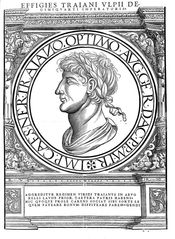 Trajan (born 18 September 53, perhaps Italica, died 8 August 117 in Selinus, Cilicia) was Roman emperor from January 98 to 117. His birth name was Marcus Ulpius Traianus, as emperor he went by the name Imperator Caesar Nerva Traianus Augustus, authentic, digitally restored reproduction from a 19th century original, record date not stated