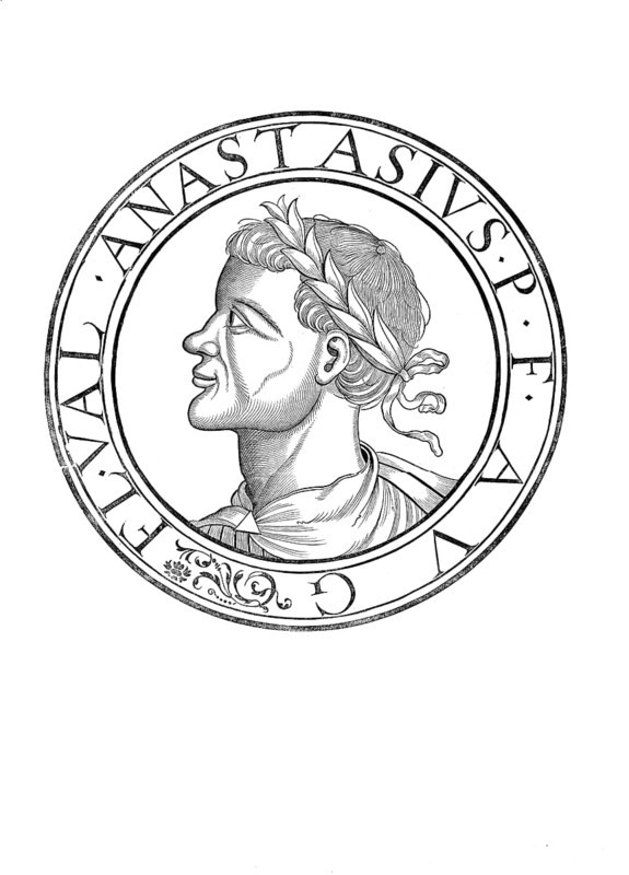 Anastasios I, Anastasius, as Emperor Imperator Caesar Flavius Anastasius Augustus (born around 430 in Dyrrachium, died 9/10 July 518 in Constantinople) was Eastern Roman Emperor from 491 to 518, authentic, digitally restored reproduction from a 19th century original, record date not stated