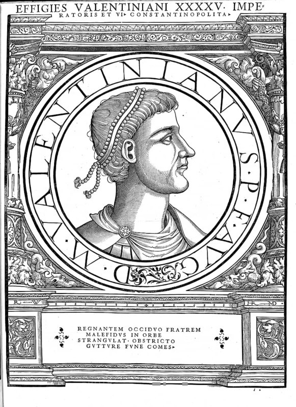 Valentinian II (born autumn 371 probably in Augusta Treverorum, today Trier, died 15 May 392 in Vienne), actually Flavius Valentinianus, was Roman Emperor (Augustus) in the West from 375 until his death, until his death as co-emperor with his half-brother Gratian, authentic, digitally restored reproduction from a 19th century original, record date not stated
