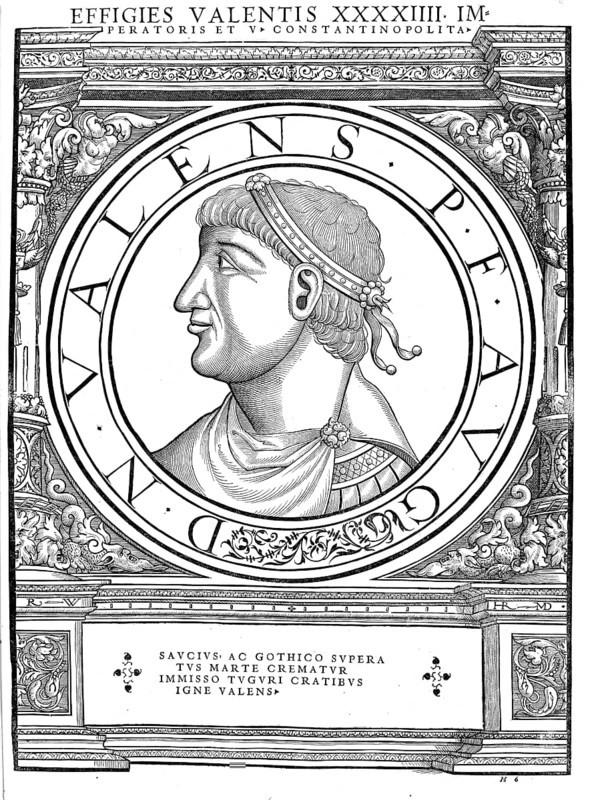 Flavius Valens (born 328 in Cibalae, Pannonia secunda, died 9 August 378 in the Battle of Adrianople) was Roman Emperor in the East in the years 364 to 378, authentic, digitally restored reproduction from a 19th century original, record date not stated