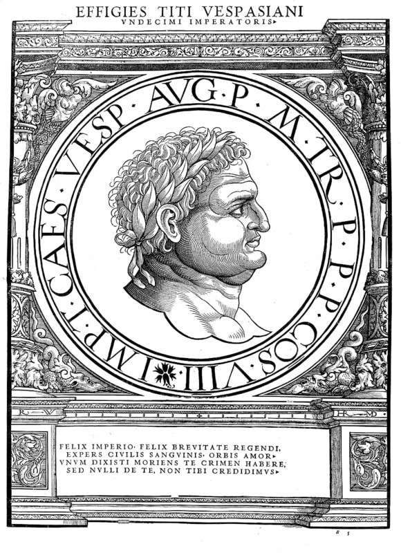 Titus (born 30 December 39 in Rome, died 13 September 81 in Aquae Cutiliae, Latium) was the second Roman emperor of the Flavian dynasty, succeeding his father Vespasian. He reigned from 24 June 79 until his death. His full birth name was Titus Flavius Vespasianus, like that of his father, and as emperor he went by the name Imperator Titus Caesar divi Vespasiani filius Vespasianus Augustus, authentic, digitally restored reproduction from a 19th century original, record date not stated