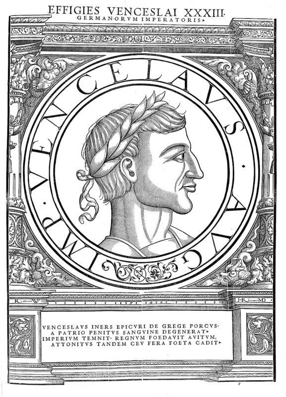 Wenceslas of Luxembourg of the House of Luxembourg, nicknamed the Lazy, (born 26 February 1361 in Nuremberg, died 6 August 1419 at Wenceslas Castle), was King of Bohemia from his coronation as a child in 1363 until his death in 1419 as Wenceslas IV and Roman-German King from 1376 until his deposition in 1400, authentic, digitally restored reproduction from a 19th century original, record date not stated