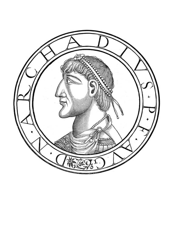 Flavius Arcadius, Arkadios, (born around 377 in Hispania, died 1 May 408 in Constantinople) was emperor of the eastern half of the Imperium Romanum between 395 and 408 and is therefore regarded as the first ruler of the Eastern Roman or Byzantine Empire, authentic, digitally restored reproduction from a 19th century original, record date not stated