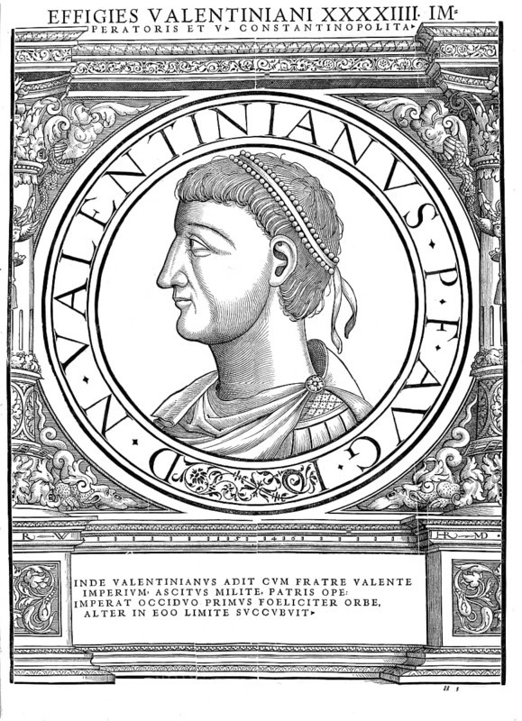 Valentinian I, Flavius Valentinianus, (born 321 in Cibalae, died 17 November 375 in Brigetio) was Roman emperor in the west of the empire from 364 to 375, authentic, digitally restored reproduction from a 19th century original, record date not stated