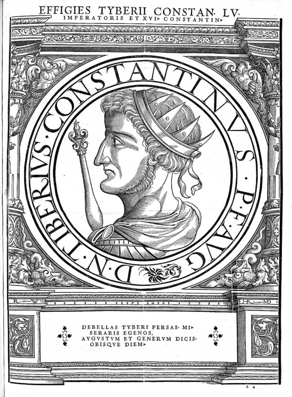 Tiberios I (II) Konstantinos, Tiberius Constantinus, died 13 August 582, Eastern Roman Emperor in the years 578 to 582, on his coins and in official documents he always used the name Tiberius Constantinus, authentic, digitally restored reproduction from a 19th century original, record date not stated