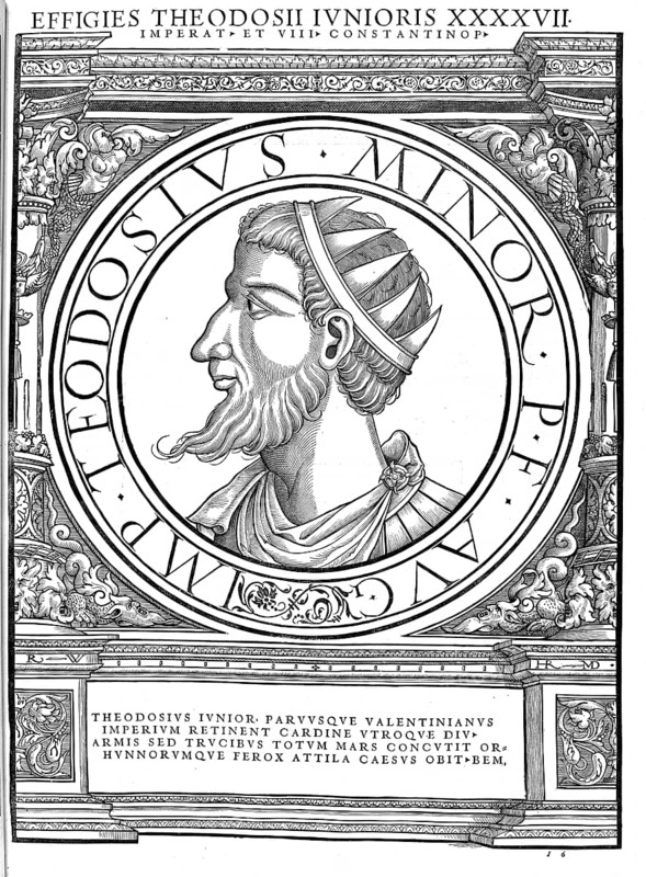 Theodosius II (born 10 April 401 in Constantinople, died 28 July 450 in Constantinople), only son of Aelia Eudoxia and Arcadius, was Eastern Roman Emperor from 408 until his death, authentic, digitally restored reproduction from a 19th century original, record date not stated