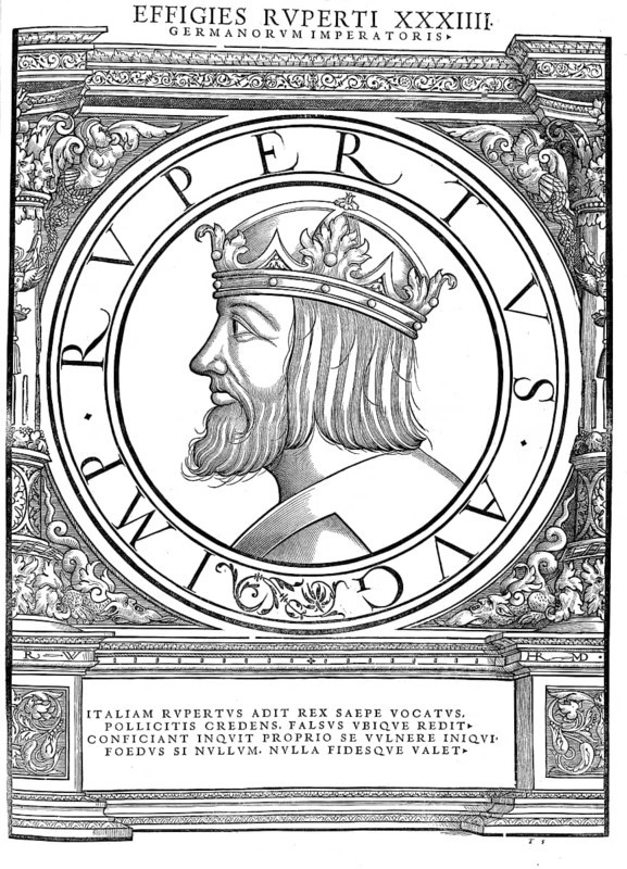 Rupert, Ruprecht (born 5 May 1352 in Amberg, died 18 May 1410 at Landskron Castle in Oppenheim) from the Wittelsbach dynasty was Count Palatine of the Rhine as Ruprecht III from 1398 to 1410 and Roman-German King in the Holy Roman Empire from 1400 to 1410, authentic, digitally restored reproduction from a 19th century original, record date not stated