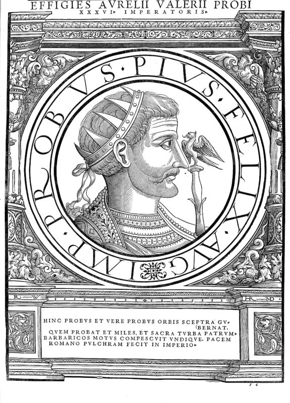Marcus Aurelius Probus, as Emperor Imperator Caesar M. Aurelius Probus Augustus (born 19 August 232 in Sirmium, Lower Pannonia, died 282 ibid.) was Roman Emperor from 276 to 282, authentic, digitally restored reproduction from a 19th century original, record date not stated