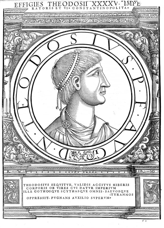 Theodosius I, Flavius Theodosius, (born 11 January 347 in Cauca, Hispania, died 17 January 395 in Mediolanum, today's Milan), also Theodosius the Great, Theodosius Magnus), was Roman emperor from 379 to 395 and the last emperor to rule the entire Roman Empire, authentic, digitally restored reproduction from a 19th century original, record date not stated
