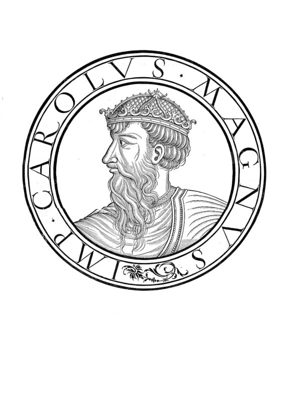Charlemagne (born probably 2 April 747 or 748, died 28 January 814 in Aachen) was king of the Frankish Empire from 768 to 814. On 25 December 800, he became the first Western European ruler since antiquity to become emperor, authentic, digitally restored reproduction from a 19th century original, record date not stated