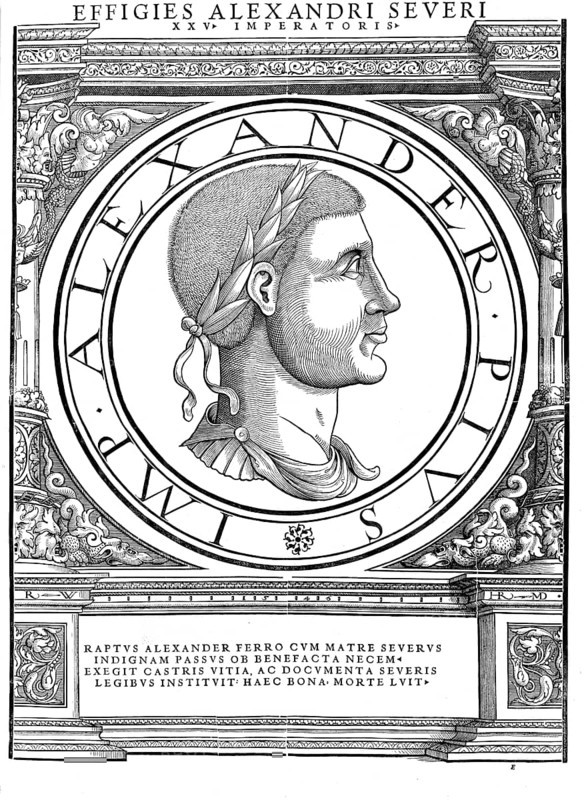 Severus Alexander (born 1 October 208 in Arca Caesarea, Arqa in present-day Lebanon, died in March 235 near Mogontiacum) was Roman emperor from 13 March 222 until his death. His original name was Bassianus Alexianus. From June 221 he called himself Marcus Aurelius Alexander, as emperor he bore the name Marcus Aurellius Severus Alexander, authentic, digitally restored reproduction from a 19th century original, record date not stated