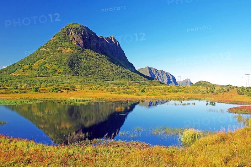 Mountain landscape with lake reflecting the surrounding greenery and clear blue sky, autumn, Leknes, Lofoten, Nordland, Norway