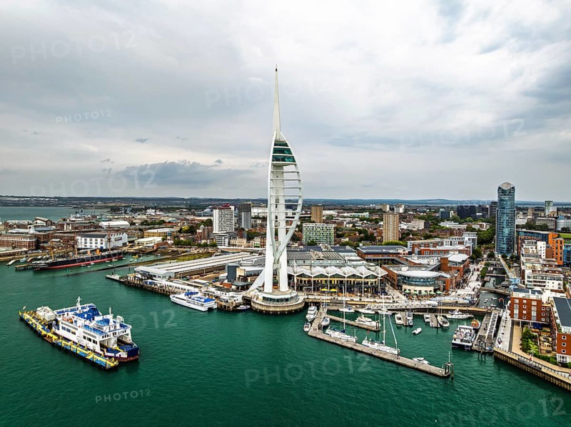 Portsmouth Harbour over Spinnaker Tower from a drone, Portsmouth, Gosport, England, United Kingdom