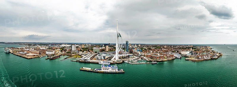 Panorama of Portsmouth Harbour over Spinnaker Tower from a drone, Portsmouth, Gosport, England, United Kingdom